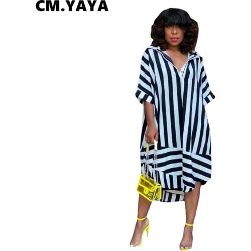 CM.YAYA Women Midi Dress Striped Turn-down Collar Half Sleeve Button Loose Dresses Office Lady Outfit Summer Vestidos Streetwear