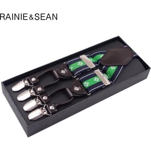 RAINIE SEAN Suspender Belt Men 6 Clips Green Mens Shoulder Strap For Pants Plus Size 125cm Leather Male Suspenders For Shirt