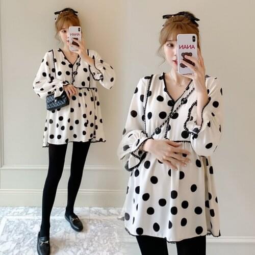 Shirts For Pregnant Women Lace V-neck Dot Chiffon Spring Long Sleeve Pregnancy Tops Blouses Dress Fashion Maternity Clothes