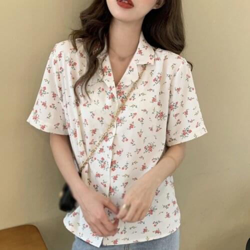 Notched Printed Flowers Casual Short-Sleeved Shirt Female Spring And Summer Retro Gentle Design Style Top