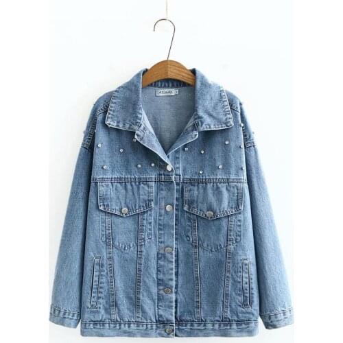 Plus size black blue pockets women loose Beading jeans jackets 2021 new spring autumn casual ladies coats female tops
