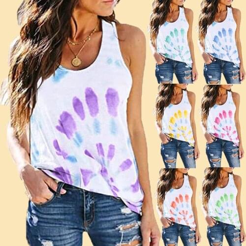 2021 Summer Women Tank Tops Casual Loose Sleeveless Tie-Dye Print Round Neck Tops Fashion Large Size Streetwear Shirt