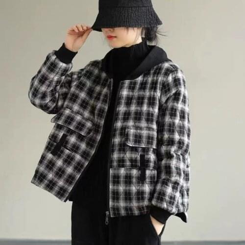 Women Vintage Winter Parkas Plaid Coats Hooded Pockets 2021 New Warm Female Clothes Korean Style Parkas Jacket