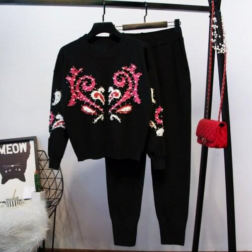 Black Knitted Tracksuits Outfits Women Handwork Pearl Beaded Patch Print Sweater pullover Long Pencil Pants Casual Sets Female