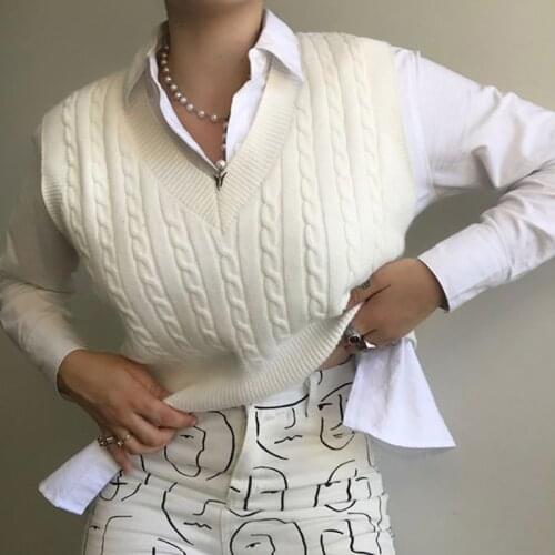 Women Knitted Sweater Vest Pattern Sleeveless V Neck Fashion Slim Waistcoat Fall Spring Female Clothes White Casual Streetwear