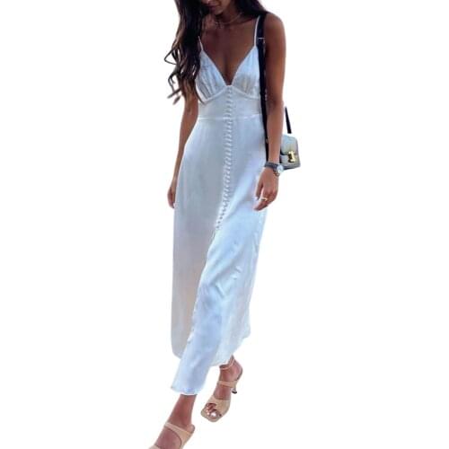 2021 New Sexy Sling Dress V-neck Satin Open Back Split Long Dresses Womens Slim Sleeveless Solid Color Party Long Dress Femme