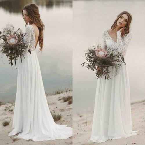 Country Beach Wedding Dresses 2019 A-line Chiffon Lace Top V-Neck With Long Sleeves Backless Draped Bridal Gowns Illusion Bodice