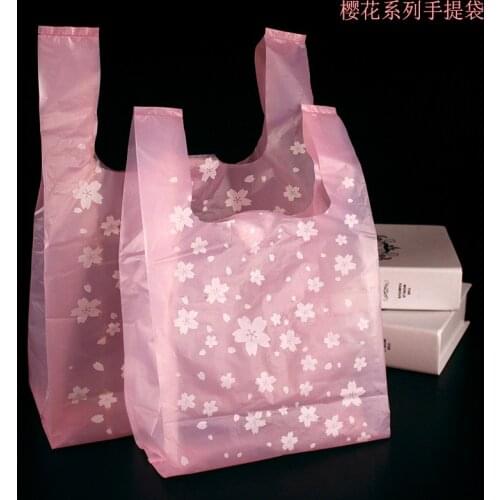 100pcs Pink cherry Cookie Candy Bags for Packaging Vest Shape Takeout Plastic Bag For Toys boutique Package Bags Shopping Bag