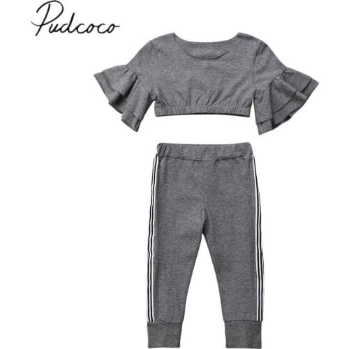 2019 Brand New 1-6Y Toddler Kids Baby Girl 2Pcs Set Flare Sleeve Crops Tops Long Pant Legging Ruffled Outfits Sport Tracksuit