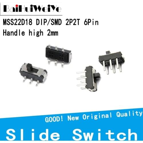 20Pcs MSS22D18G2 MSS22D18 Handle 2mm MINI Miniature DIP SMD Slide Switch 2P2T 6Pin DIY DVD Power Switch Electronic Accessories