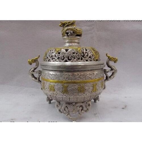 9 Chinese Folk Temple White copper silver Two Dragon Ear Censer incense burner