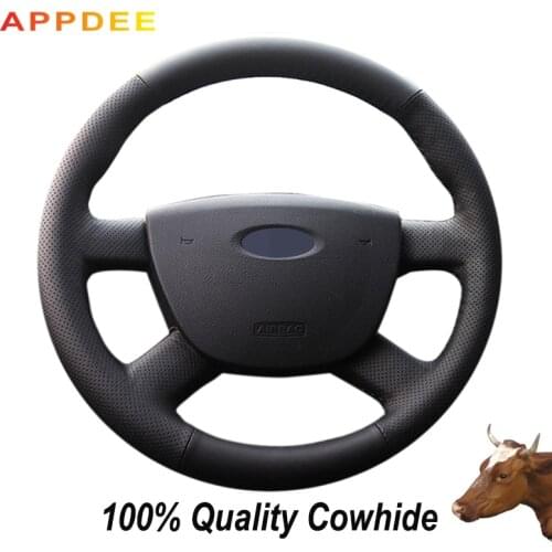 APPDEE Black Genuine Leather Car Steering Wheel Cover for Ford Focus 2 2005 2006 2007 2008 2009 2010 2011
