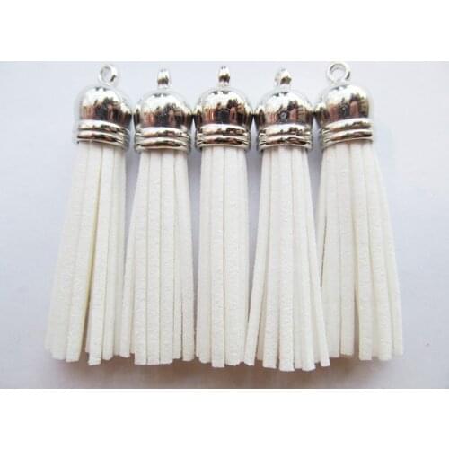 Free Shipping 100Pcs 59mm White Suede Leather Jewelry Tassel For Key Chains/ Cellphone Charms Top Plated End Caps Cord Tip