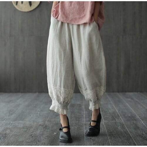 Women Summer Cotton Linen Jacquard Lace Patchwork Elastic Waist Pants Ladies Loose Solid Color Trousers Female Pants