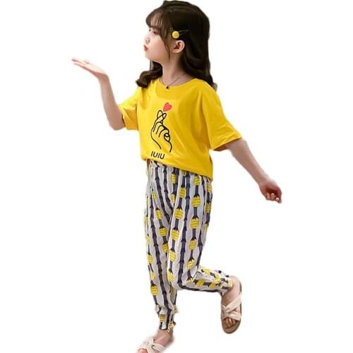 Kids Clothes Girls Floral Tshirt + Short Childrens Clothes For Girls Heart Pattern Outfits For Girls Summer Childrens Suits
