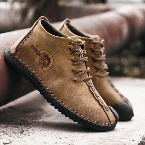 High Quality Spring winter Men Boots Split Leather Ankle Snow Boots Shoes Warm Fur Plush Lace-Up Winter Shoes Plus size 38~48