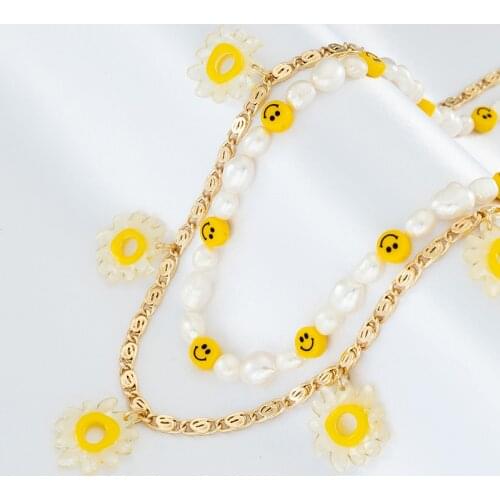 Jaeeyin 2021 Fashion Jewelry Sunflower Baroque Freshwater Pearl Acrylic Resin Smile Face Gold Color Multi-layer Necklace Gifts