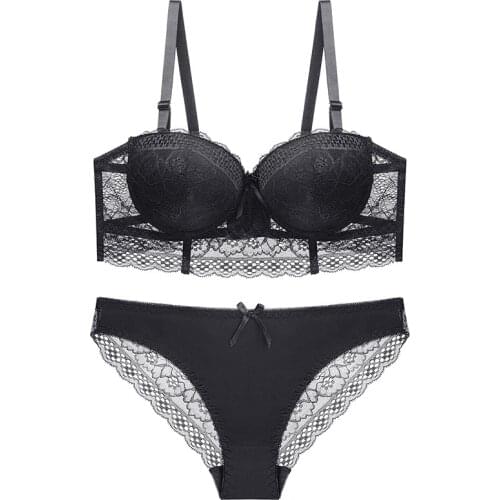 Sexy Lace Bra Set Woemn Hollow Thin Underwear Push Up Large Size Bra and Panty Set Femme Adjust Senual Lingerie Sets