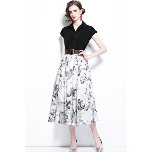Menahem Summer Vintage Women Office Two Piece Set V Neck Black Shirt Top+Printing Street Chic A Line Maxi Skirts Suits With Belt