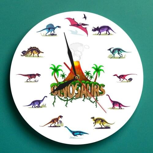 Cartoon Volcanic Eruption Dinosaurs Fossils Colorful Dino Skull Printed Acrylic Wall Clock Nursery Decor Wall Watch Kids Gift