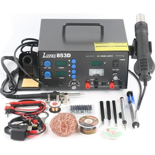 Lukey 853D 3 In 1 Soldering Station Set Rework Electric Soldering Iron Hot Air Gun DC Power Supply 15V 2A For Phone PCB IC