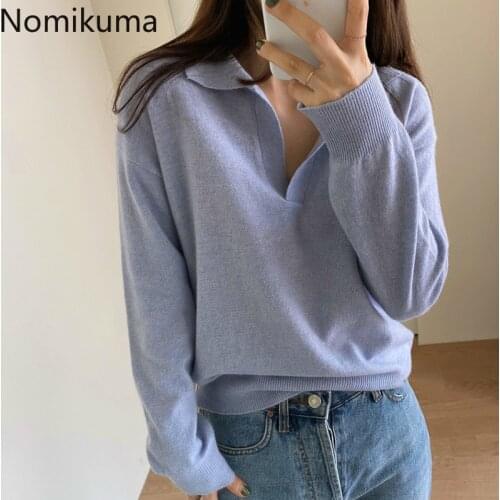 Nomikuma 2020 New Autumn Winter Basic Knitwear Long Sleeve Turn-down Collar Knitted Tops Causal Women Pullover Sweater 6C276