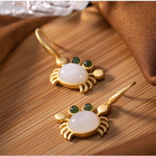 Original S925 Sterling Silver Gold Plated Hetian Jade Personality Crab Special-Interest Design Womens Earrings Eardrop Ring Set