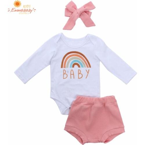 Autumn Baby Girls 3 PCS Outfit Set Rainbow Letter Long Sleeve Button Romper Triangle Short Triangle Pants Bow Hair Band Set