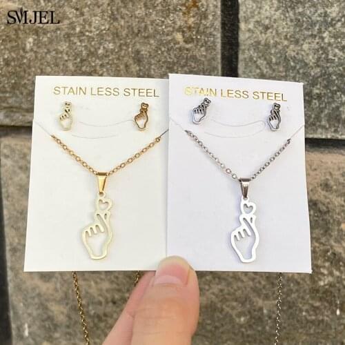 Stainless Steel Finger Gesture Hand Necklace Gold Jewelry Set Show your Love Heart Sign Language Special Earings Rock Gifts