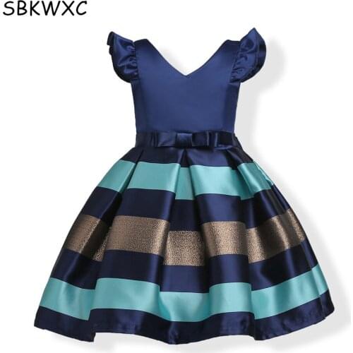 European and American Style girls dress brand children clothing bow striped princess wedding party girl clothes 3-8T 2 color