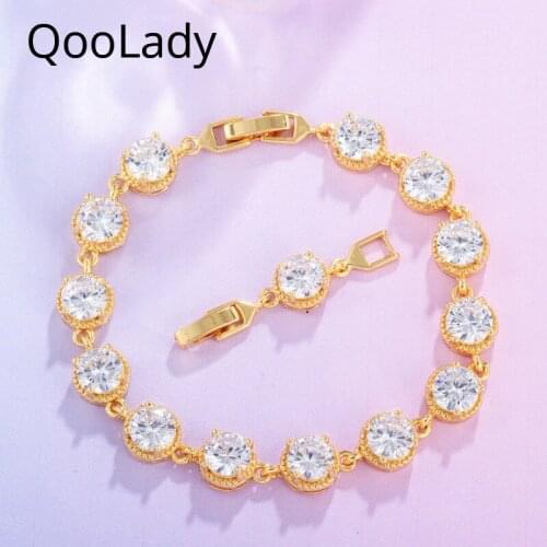 QooLady Yellow Gold Classic Cubic Zircon Round Shape Crystal Bracelet Fashion Ladies Women Costume Accessories Jewelry Gift S006