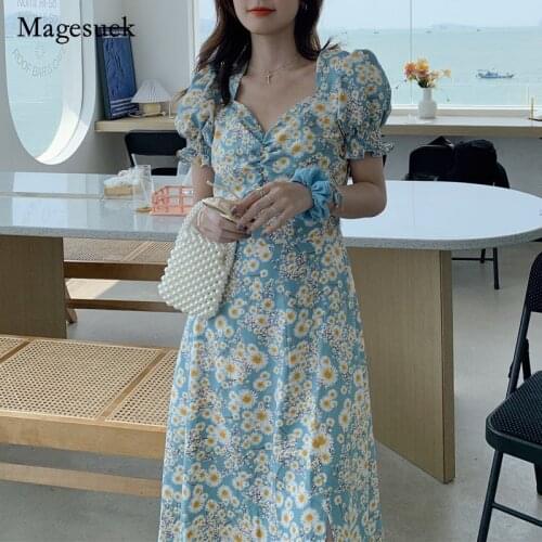 Plus Size 2021 Printing Party Dresses Summer Puff Sleeve Floral Long Dress Boho V Neck Sexy Dress for Women Vestidos 14690