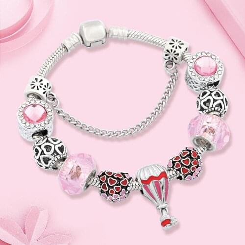Romantic Pink Travel Hot Air Ballon Charm Bracelet Bangle Red Enamel Heart Bead Bracelet Pink Crystal Bracelet for Women Girl