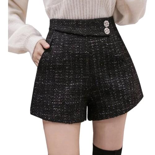 Woolen Shorts for Women Autumn Winter New Butttons Irregular High Waist Tweed Black Woman Shorts A-line Laides Thick Short Pants