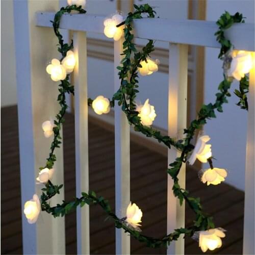 1.5m 3m 6m Rose Flower Vine LED String Lights Battery/USB Operated Green Leaf Garland lamp for Valentines Day Wedding Christmas