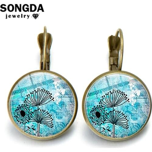 SONGDA Blue Watercolor Dandelion Dangle Earrings Sea Turtle Dolphin Art Photo Glass Cabochon French Hook Earrings Ocean Souvenir