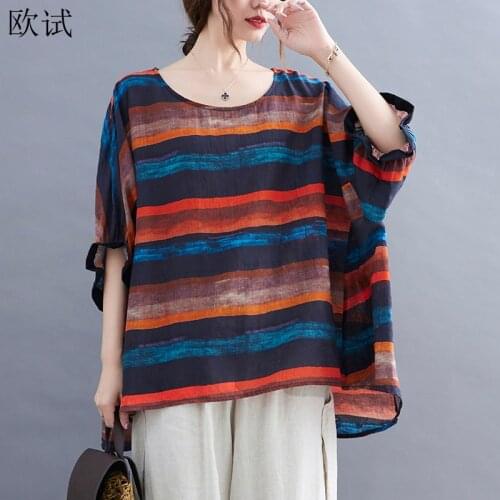 Plus Size Summer Cotton Striped Women T-Shirt Oversized Korean Style Loose Casual Femme T-shirt Mujer Tops Vogue Ladies T shirt