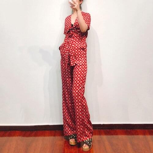 Patads French style contrast color Short Sleeve Plaid lace up casual one-piece pants pants womens spring and summer p6631e