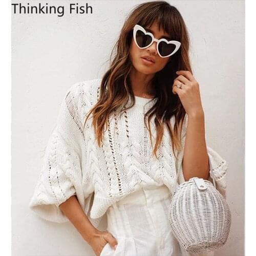 Women Clothing Pullovers Solid Hollow Long Sleeve White Knitting Casual Sheer Tops Plus Size Women Pullover Sweater MY0012