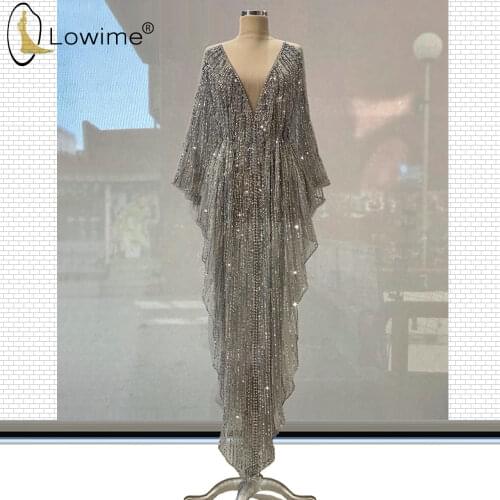 Abendkleider Grey Beading Evening Dresses Sexy Deep V Neck Saudi Arabia Robes Vestido De Festa