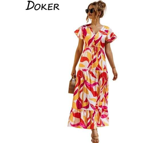 2021 Floral Print Long Dresses For Women Fashion Ruffle V Neck Short Sleeve Plus Size Casual Boho Beach Dress Summer Femme Robe