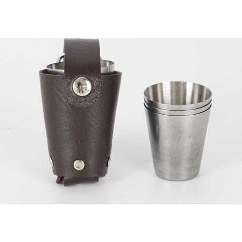 50sets/lot 4Pcs/set Wine Cup Shot Glass Polished Tumbler 30ml 1oz Stainless Steel Portable Mug Leather Bag Set Coffee