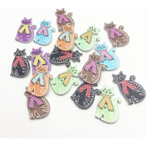 50Pcs 2 Holes Mixed Cat With Bows Wood Buttons 2 Holes Sewing Accessories Scrapbooking Crafts Button
