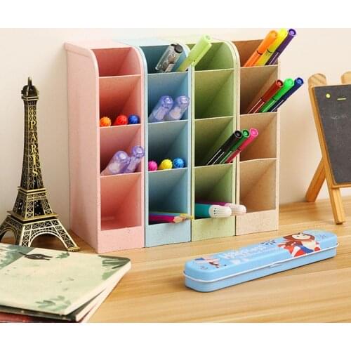Candy Color Desktop Pen Holder Pencil Makeup Brush Storage Box 4 Grid Oblique Insertion Desktop Organizer School Stationery