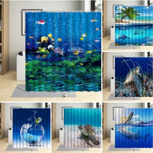 Kids Underwater World Shower Curtains Sea Turtle Fish Palm Tree Ocean Scenery Decor Fabric Child Curtain Waterproof With Hooks