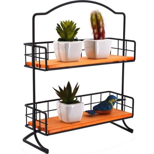 Hot Retro 2 Layers Iron Wooden Storage Shelf Flower Pot Storage Rack Desktop Makeup Storage Holders Bedroom Home Decor