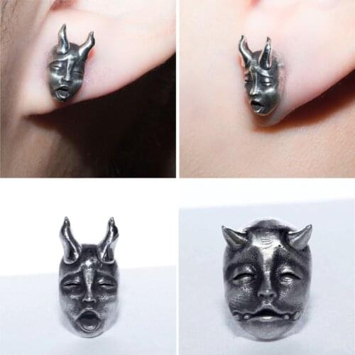 Gothic Horned Demon Baby Face Stud Earrings Vintage Devil Prajna Skull Earrings Unisex Biker Punk Evil Studs Jewelry