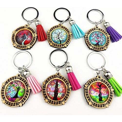 Jiangzimei24pcs new design Bohemia, Life Tree Keyring 25mm Wood Cabochon Stainless Steel Keychain with tassels glass Cabochon