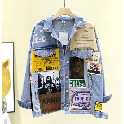 Patch Designs Denim Coat Woman 2020 New Spring Autumn Loose Asymmetric Denim Jacket Print Streetwear Black Outerwear Female
