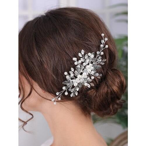 Trendy Silver Bridal hair comb Leaf Headpieces Pearl bridal Headwear Elegant Women Hair Ornaments Wedding Headdress For Bride